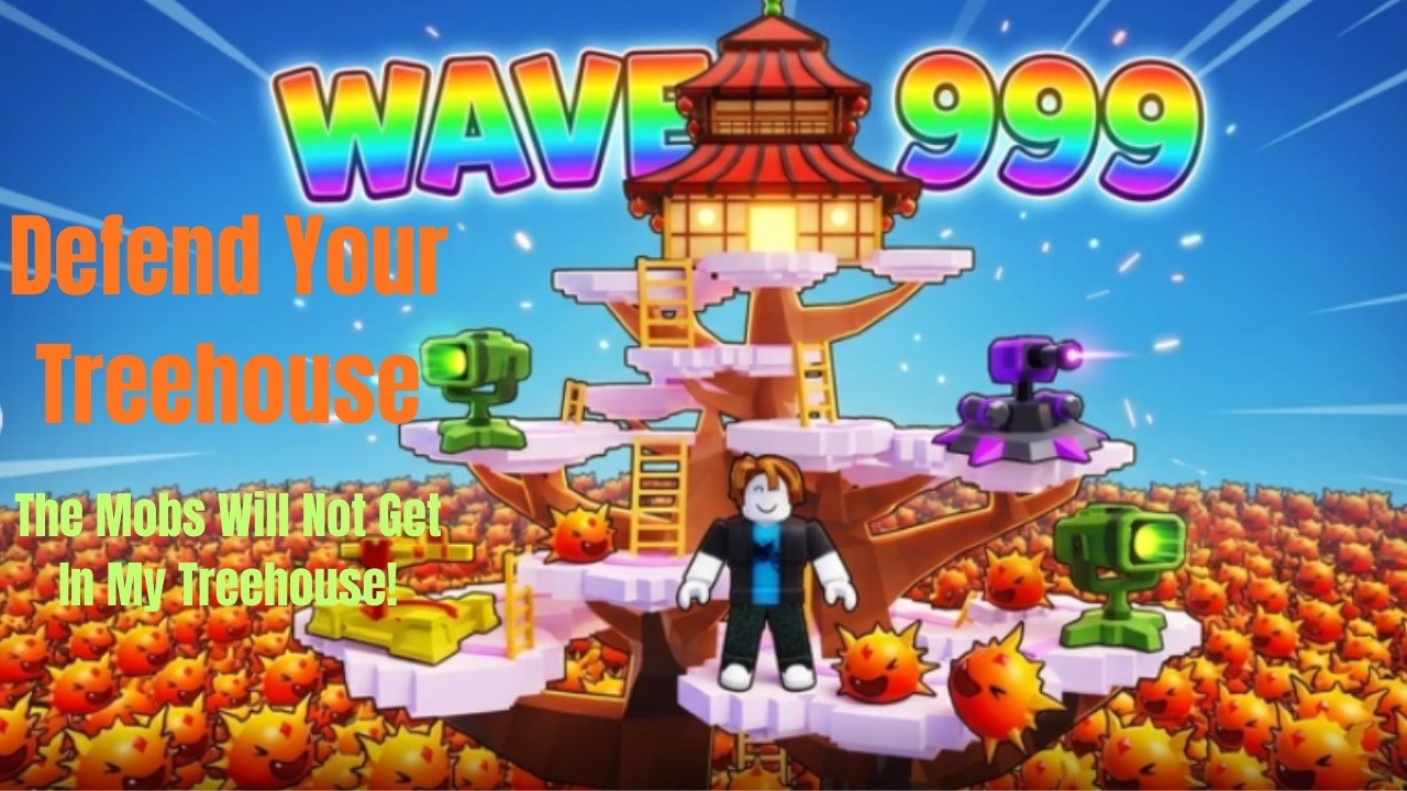 In-game HUD showing cash, treehouse level, roll button, and turret inventory during a wave